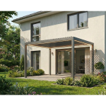 Pergola mit dunkler Konstruktion am Haus