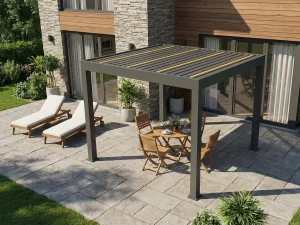 Terrassenpergola mit Lamellendach und Sitzgruppe