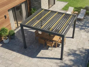 Pergola aus Vogelperspektive mit Esstisch