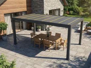 Pergola auf Terrasse mit Esstisch und Lamellendach