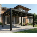 Schwarze Pergola am Haus mit Lamellendach