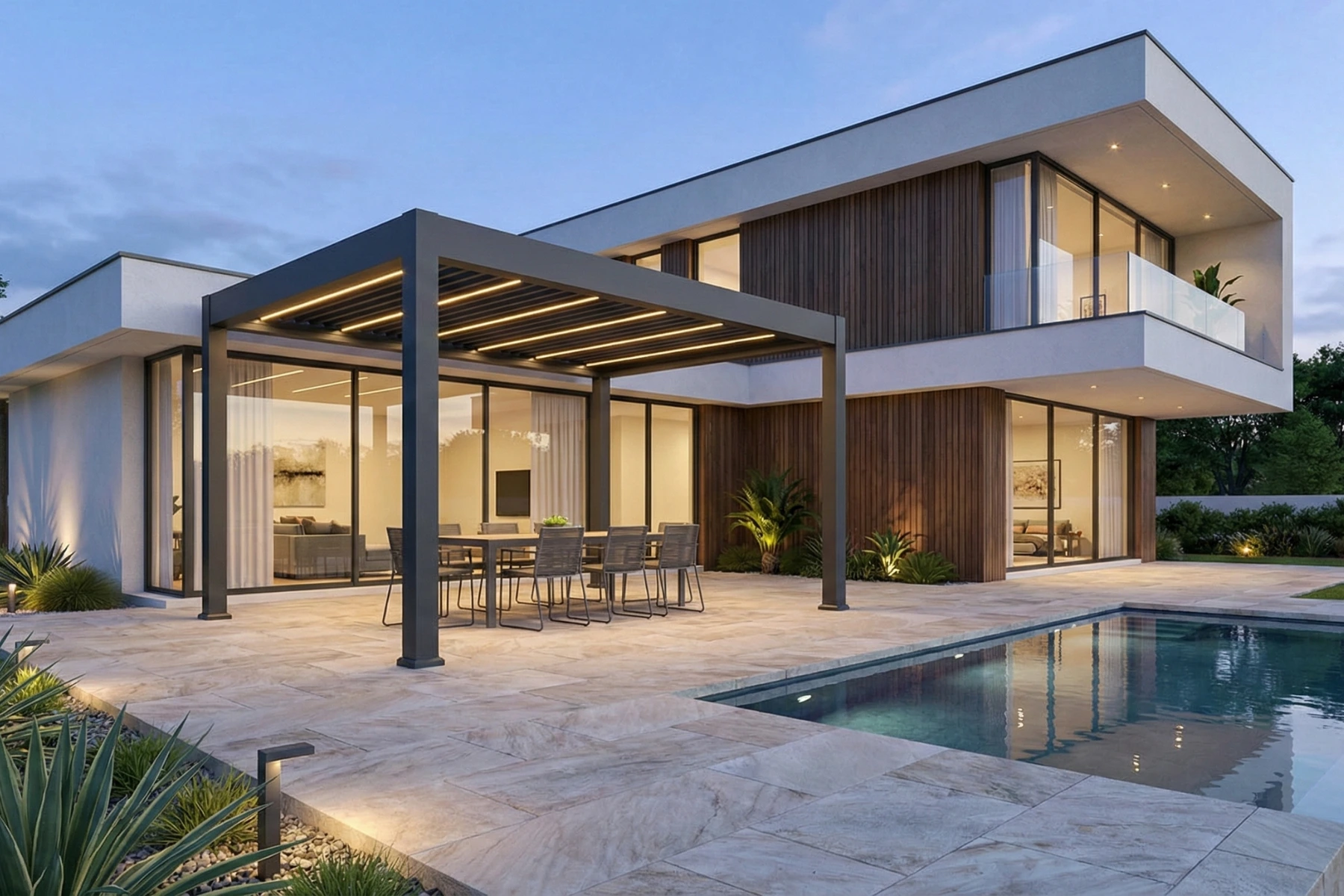 Ein großes, anthrazitfarbenes Pergolaris ELITE Lamellendach mit massiven 150mm Pfosten und großer Spannweite ohne Mittelstütze.