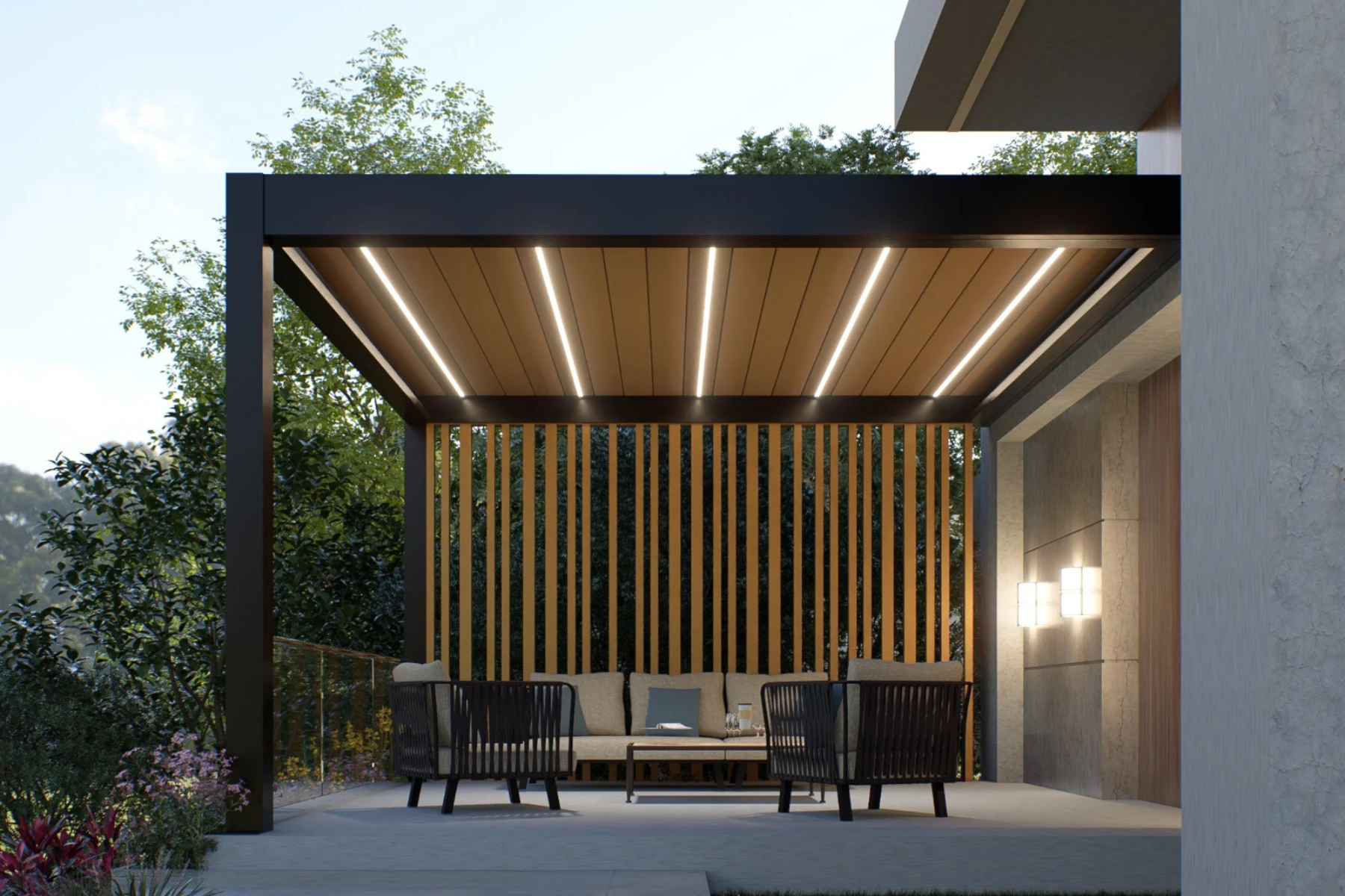 Pergola Frontansicht mit Holzlamellen und Deckenbeleuchtung