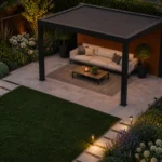 Deko-Aluminiumwand in Pergola mit Lounge im Garten