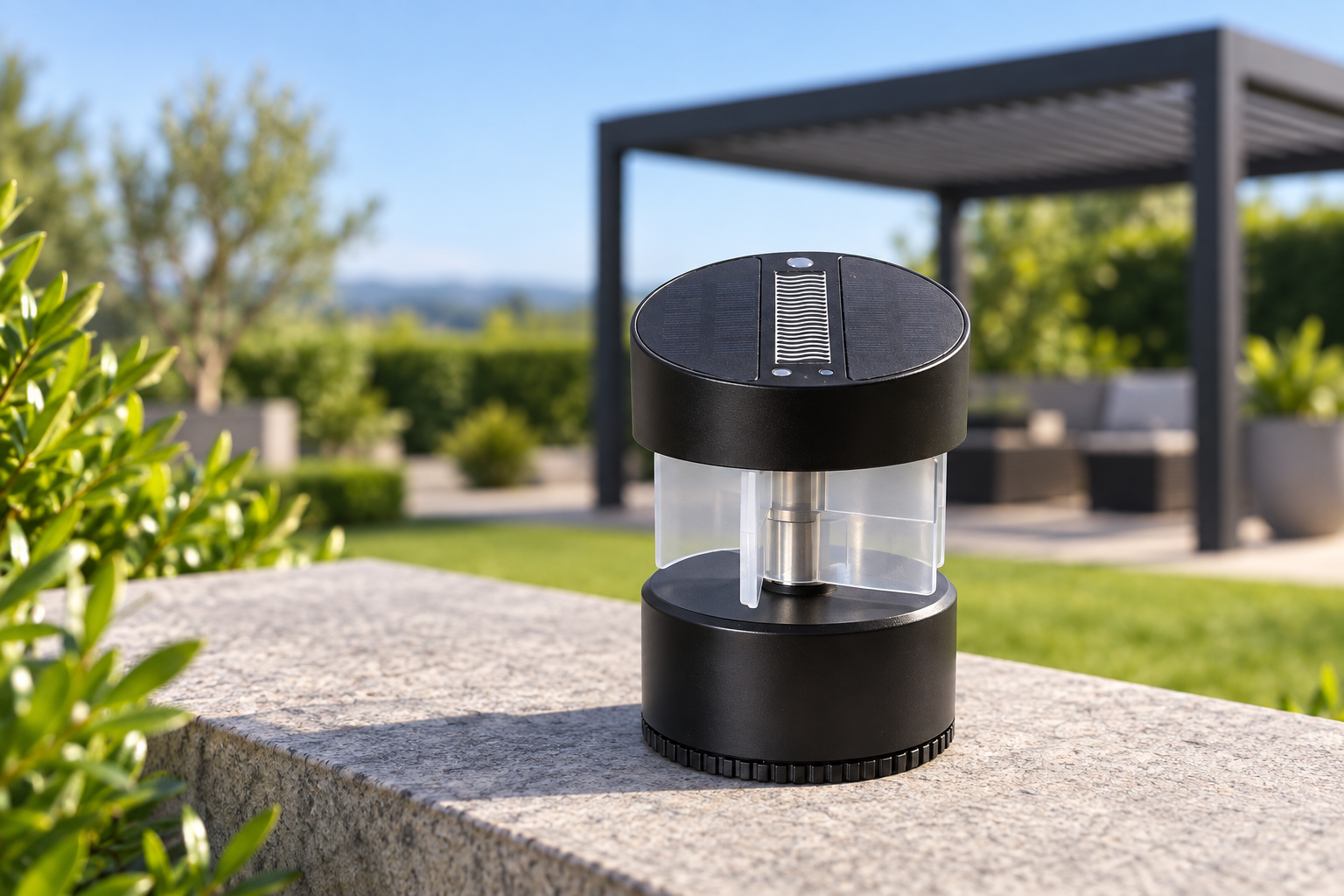 Solarbetriebener Wind- und Regensensor auf einer Gartenmauer neben einer Pergola mit freiem Zugang zum Himmel