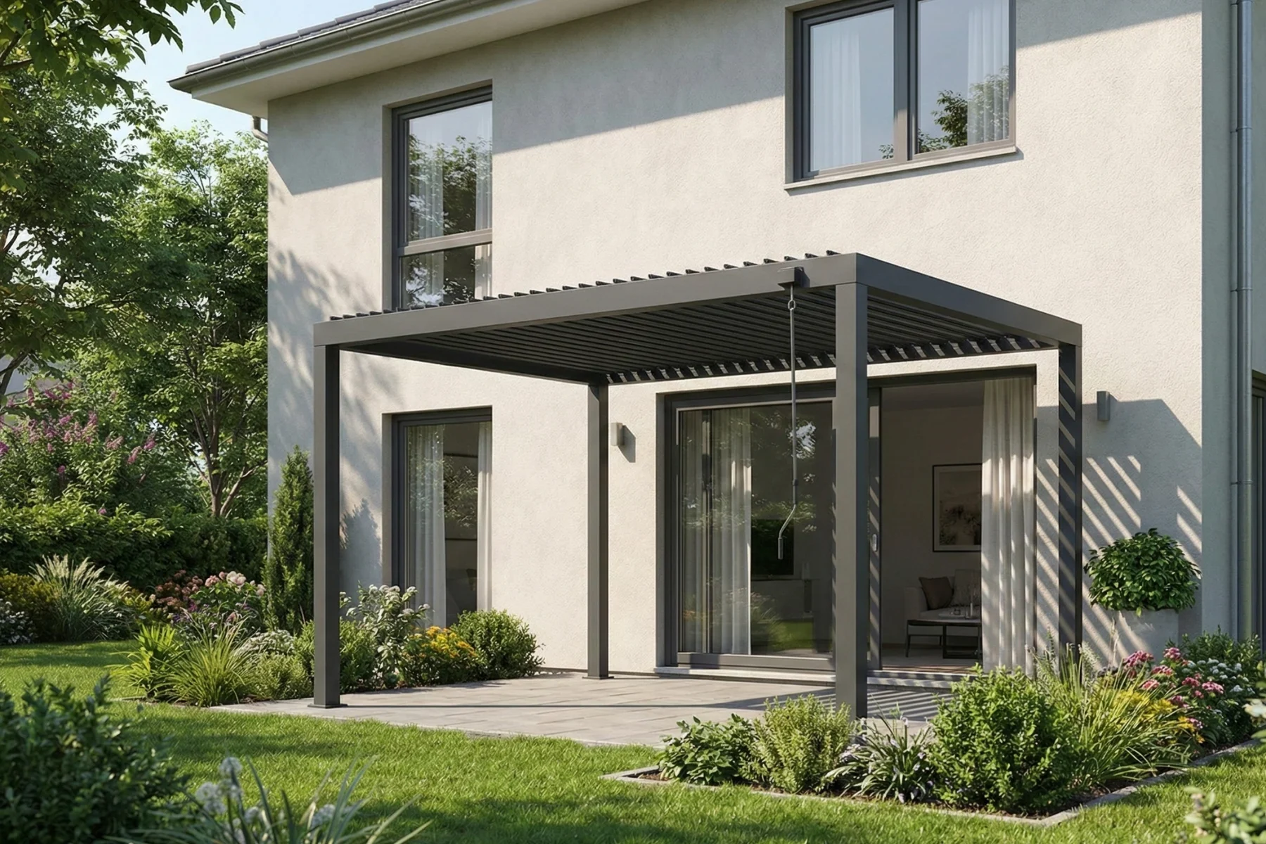 Schwarze Pergola am Haus mit Lamellendach
