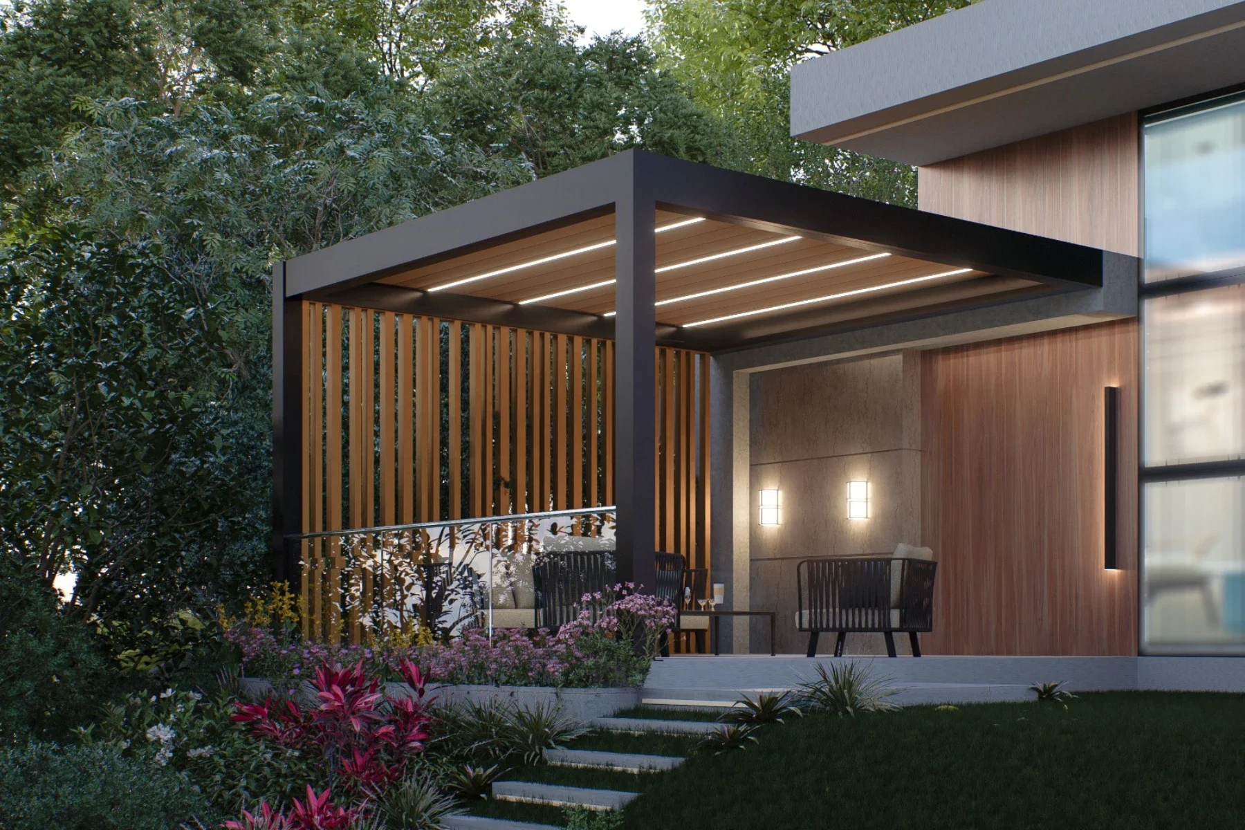 Pergola mit Holzlamellen und Beleuchtung