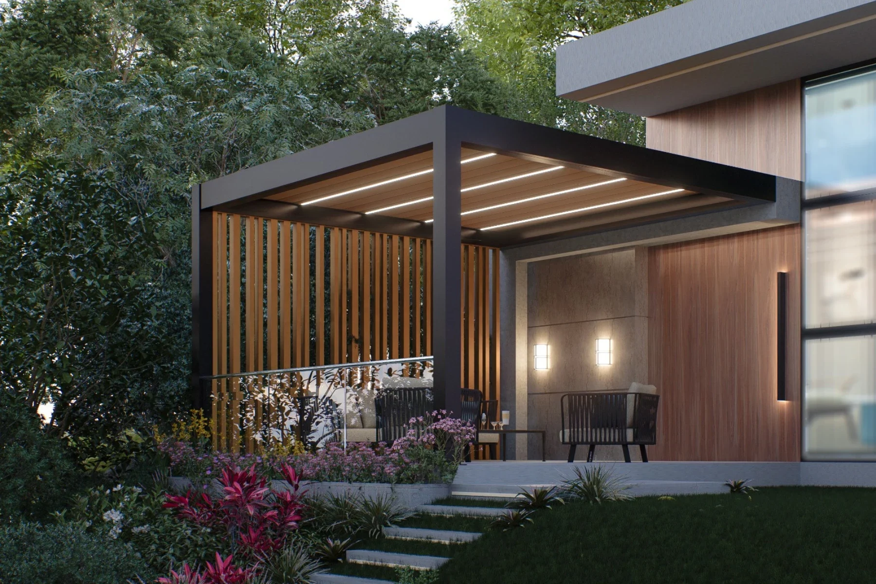 Pergola maßgefertigt in schwarzer Sonderfarbe mit speziellen Holz Seitenwand.
