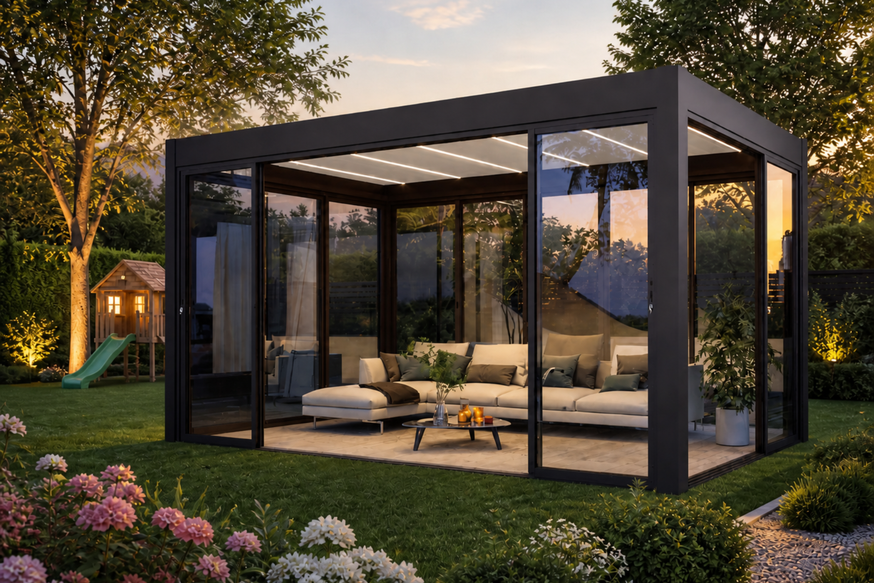Pergola mit Schiebeglaswand