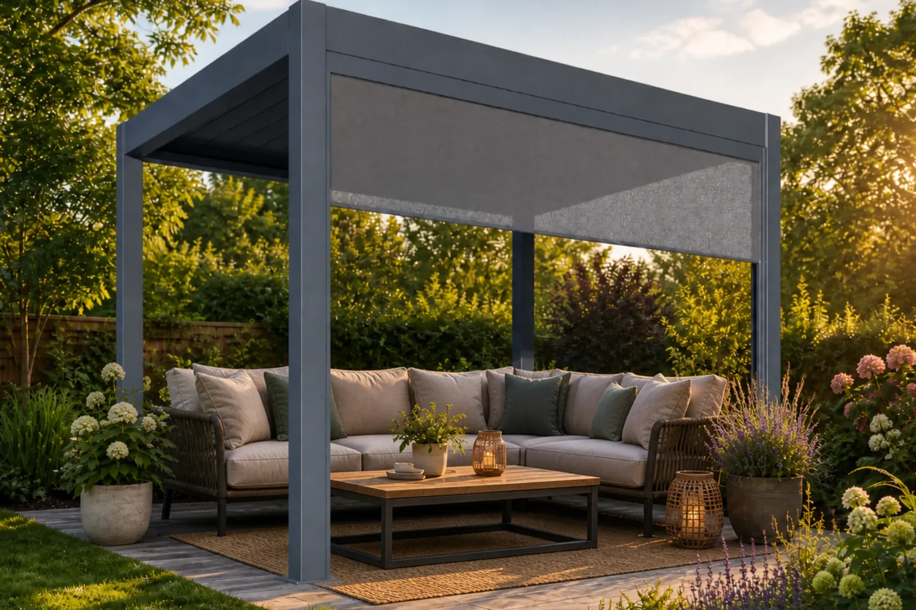 Pergola im Garten mit Couch